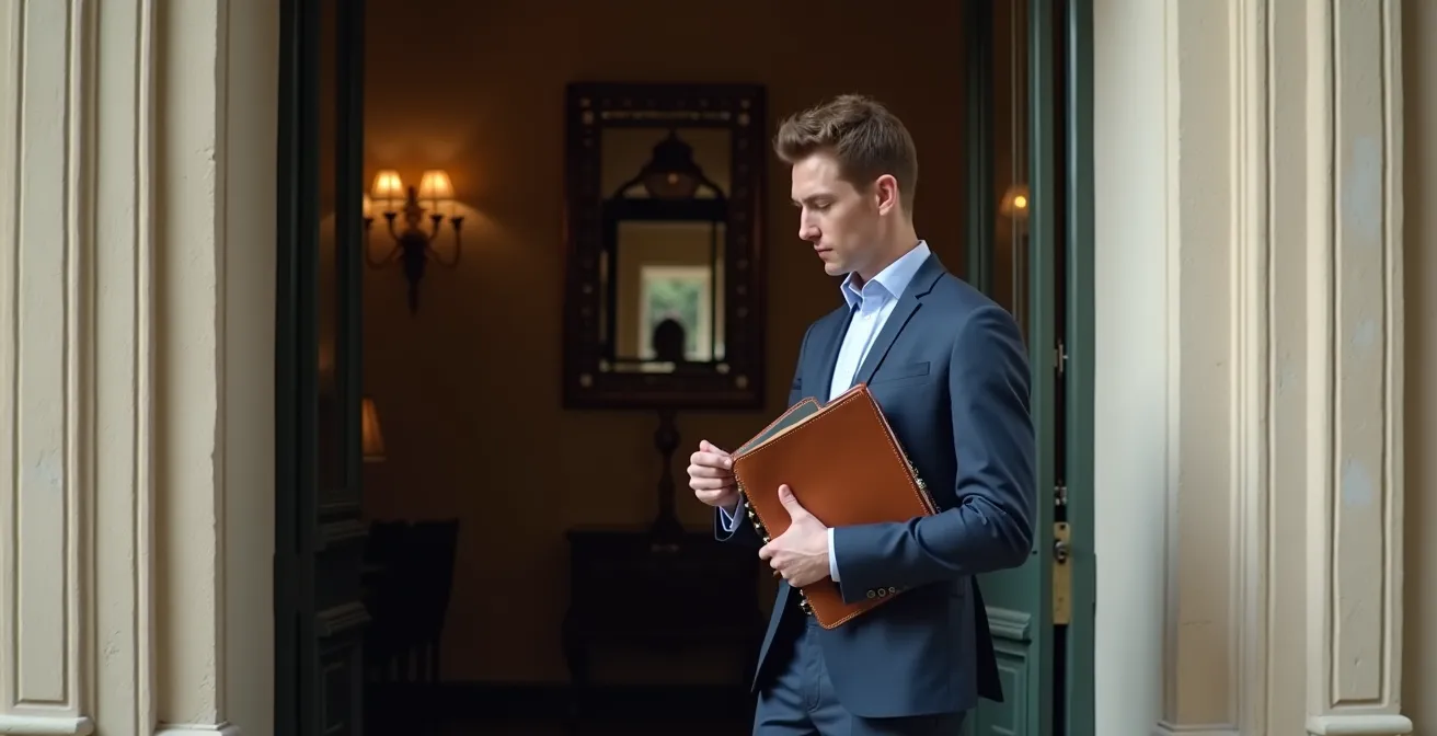 Personne en tenue professionnelle tenant un dossier bien organisé devant une porte d'entrée