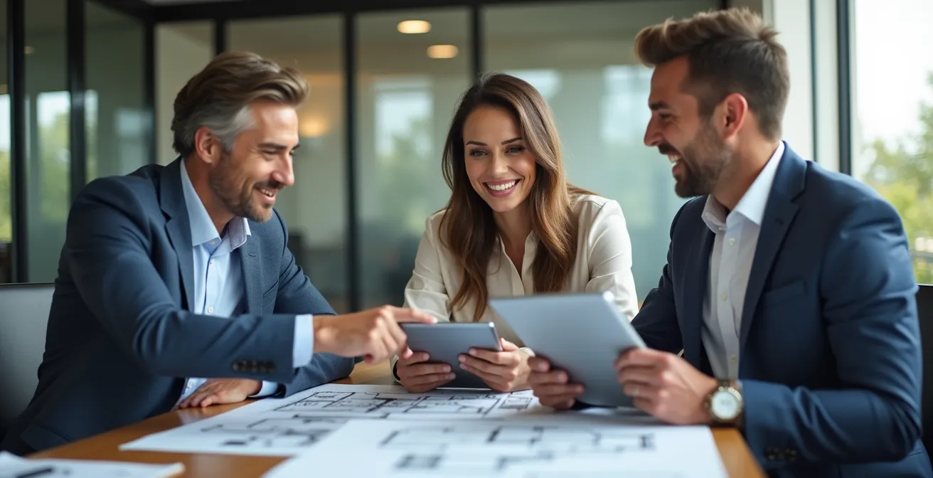 Professionnel de l'immobilier en discussion avec des partenaires dans un bureau moderne
