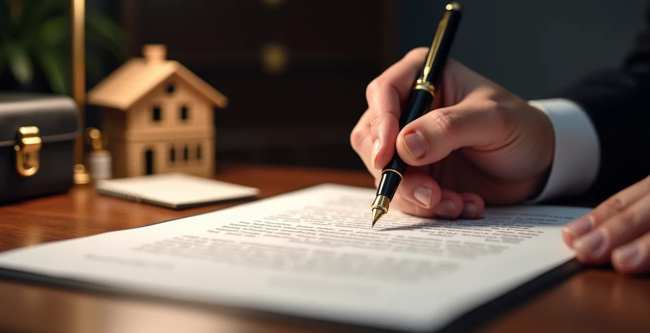 Mains professionnelles signant un document immobilier sur bureau en bois
