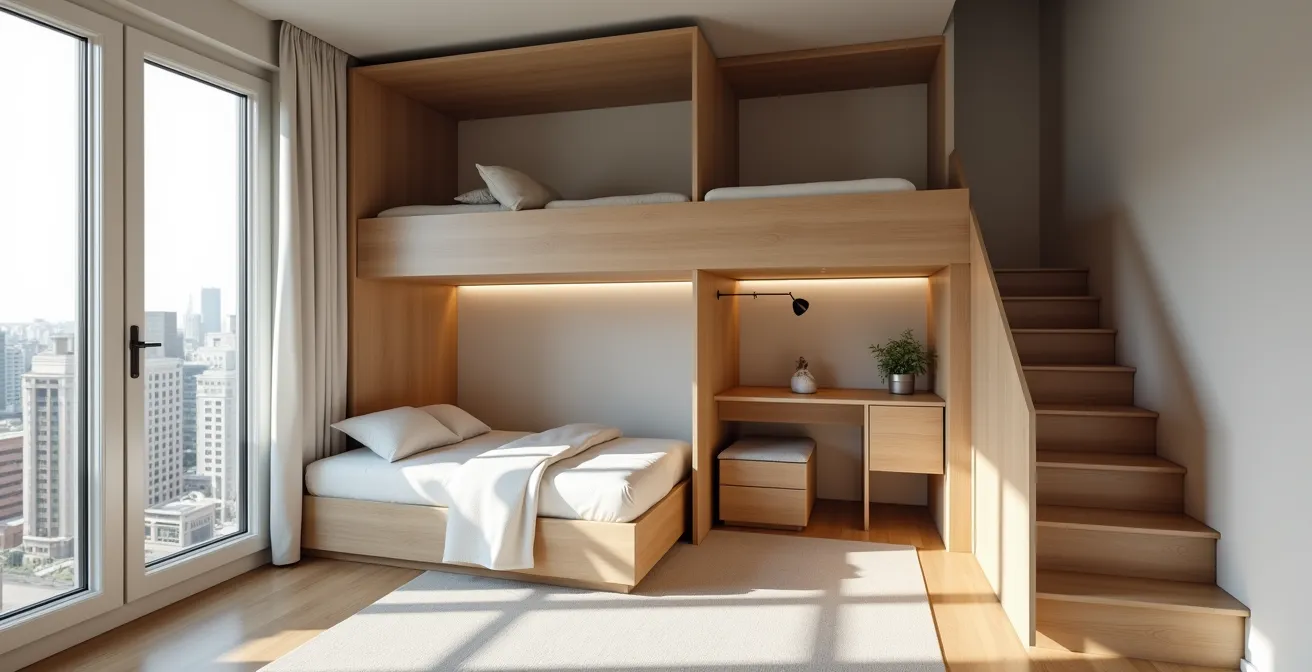 Studio compact avec mezzanine et mobilier modulable maximisant l'espace