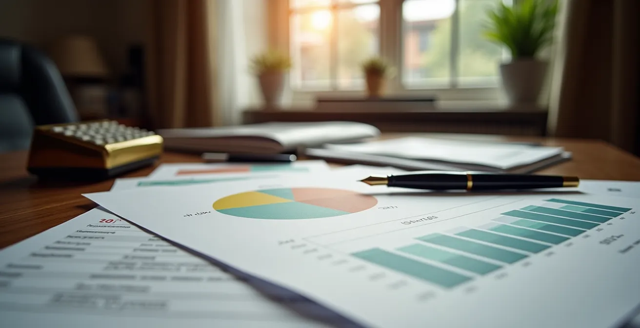 Documents financiers de copropriété étalés sur un bureau avec une calculatrice et des graphiques.