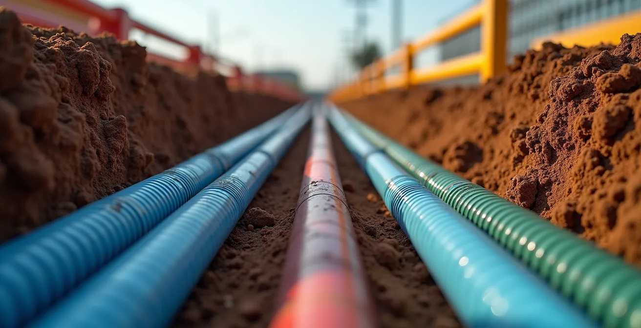 Tranchée ouverte montrant les différentes gaines colorées pour eau, électricité et télécom