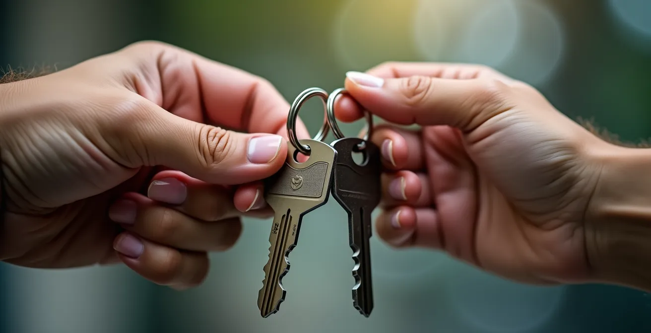 Gros plan sur remise de clés lors d'une transaction immobilière