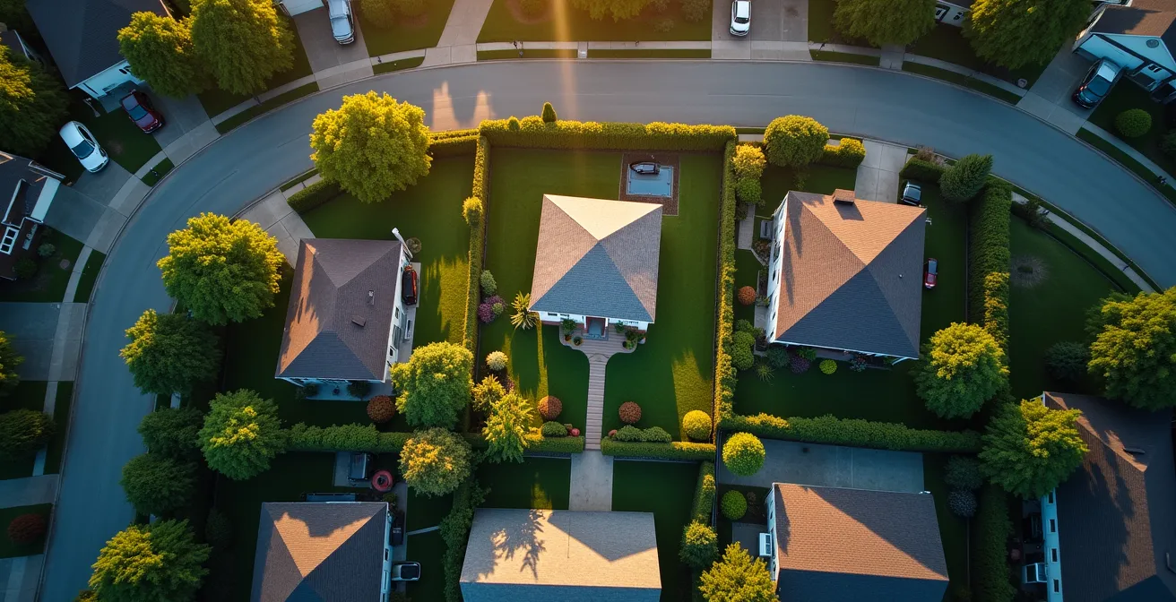 Vue aérienne d'un quartier résidentiel avec une maison mise en valeur