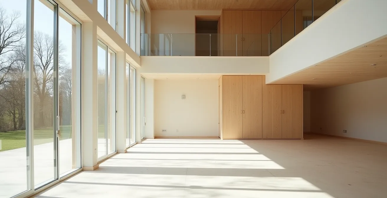 Vue intérieure d'une véranda moderne et d'une mezzanine montrant les critères d'inclusion dans la surface Carrez