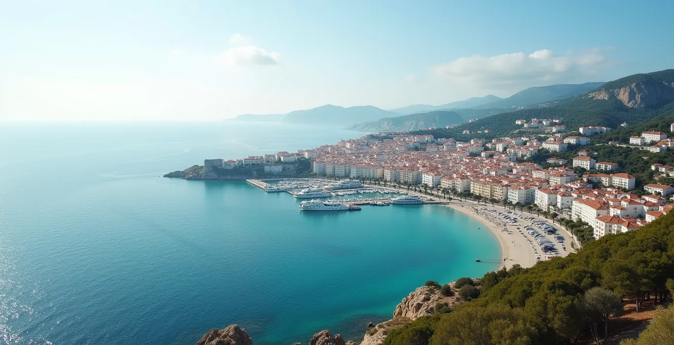 Vue aérienne d'une ville côtière française avec port de plaisance et immeubles résidentiels modernes