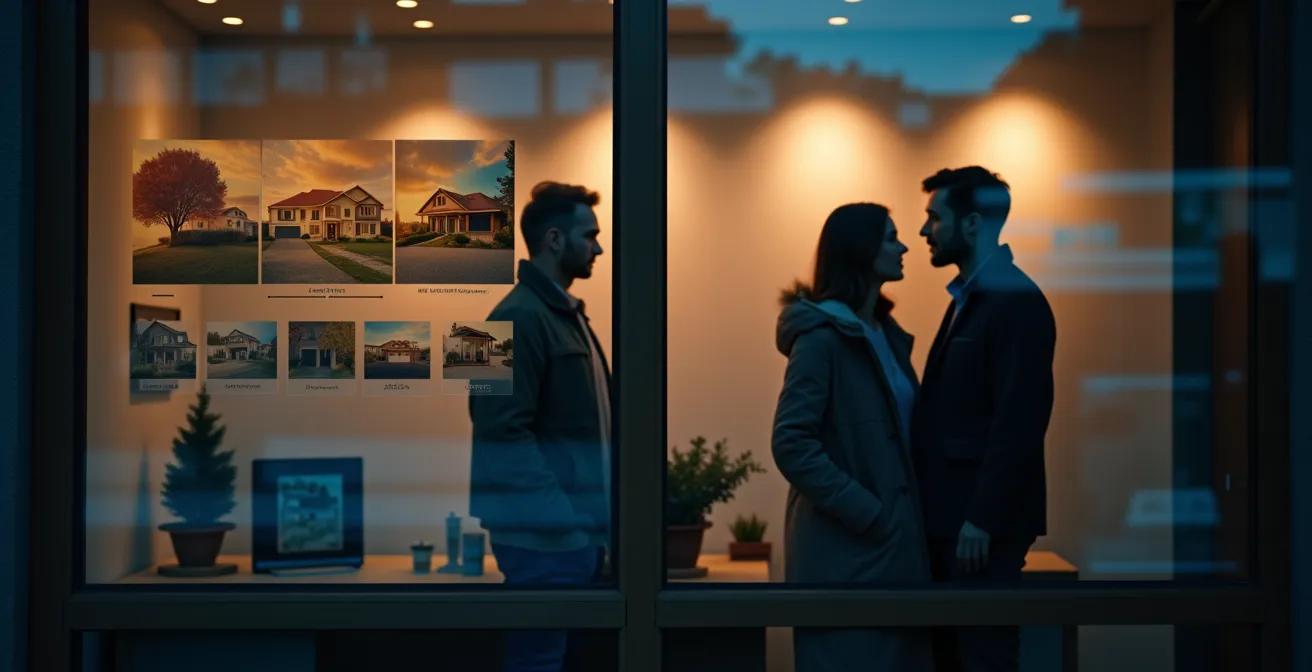 Vitrine d'agence immobilière avec affichage dynamique créant une narration locale